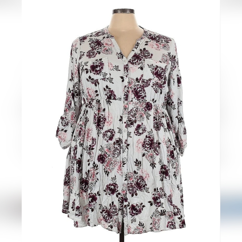 Torrid Relaxed White and Purple Dresd with Mandarin Collar